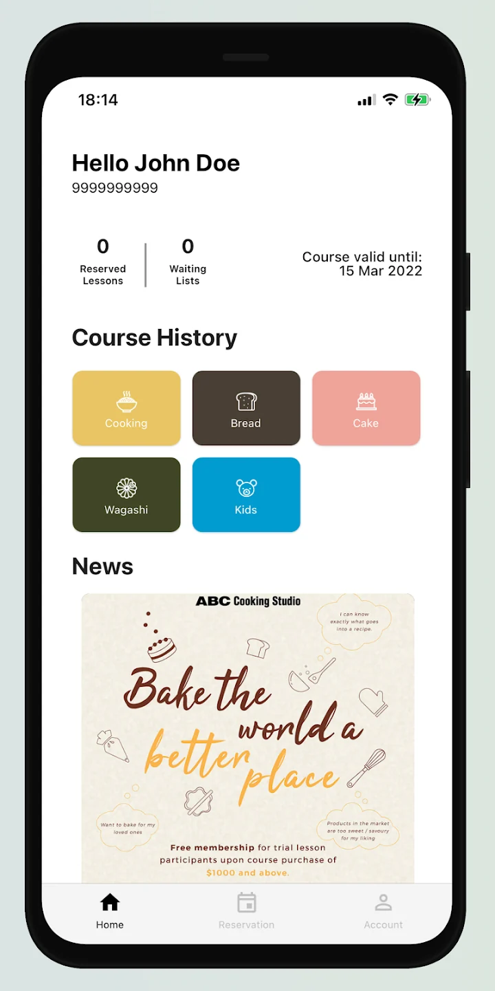 ABC Connect dashboard with reservations, waiting lists, course history and news