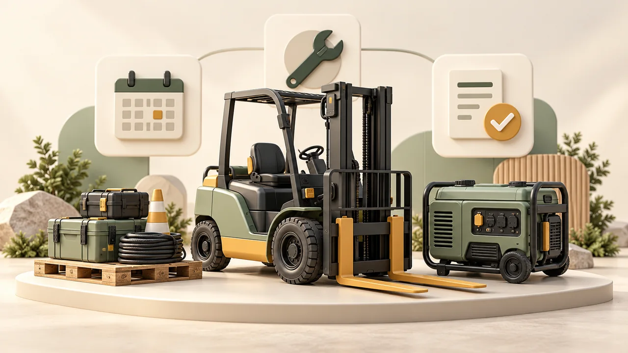 Concept illustration of rental equipment with booking, maintenance, and invoicing symbols