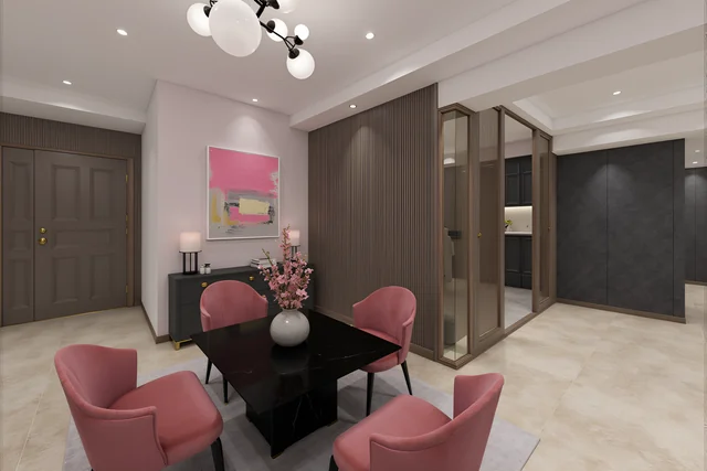 AI concept with pink dining chairs, new lighting, and wall finishes