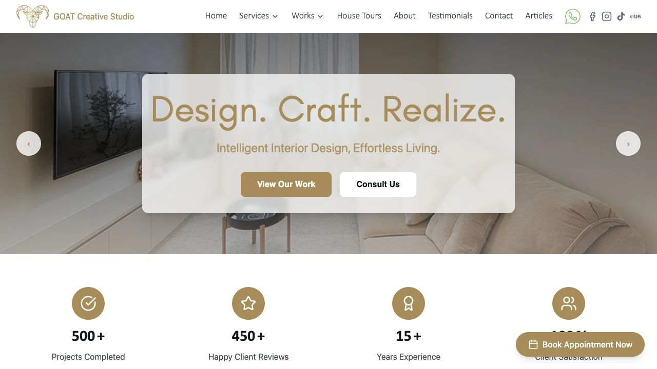 GOAT Creative Studio interior design website featuring a living room and consultation links